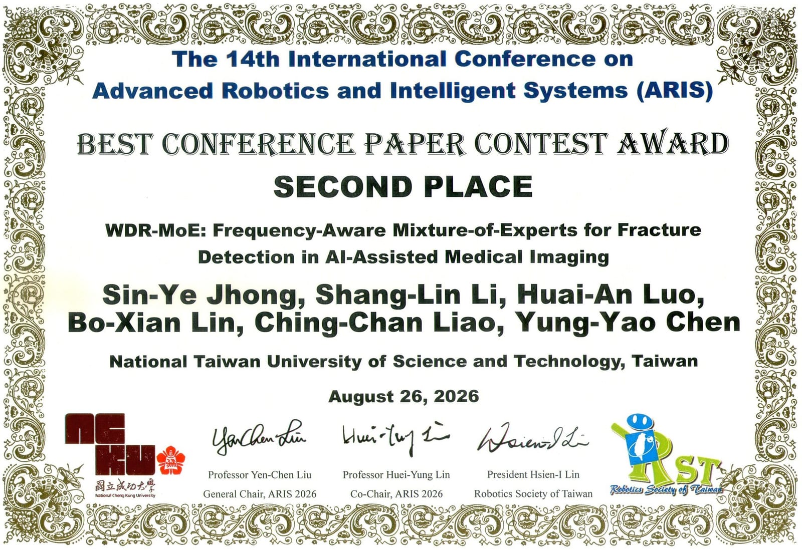 Best Paper Award - Second Place — certificate